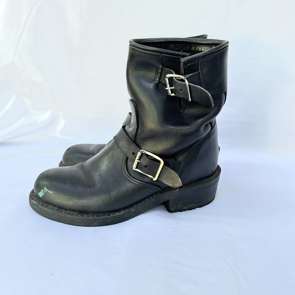 vtg Double-H Engineer Boots Women's 9.5-10M Black Leather Buckle Strap Biker